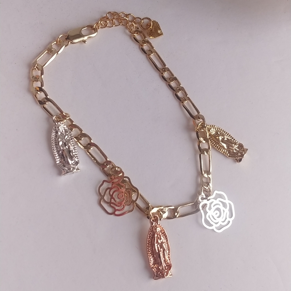 Gold Filled Tricolor Virgin Mary Roses Charm Bracelet